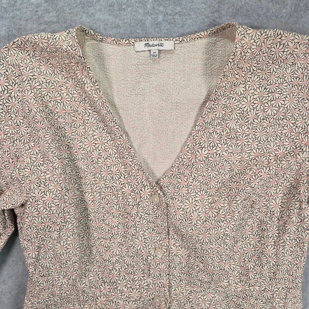 Madewell Button Front Top Women 10 Pink Floral Sleeve V-Neck Seersucker